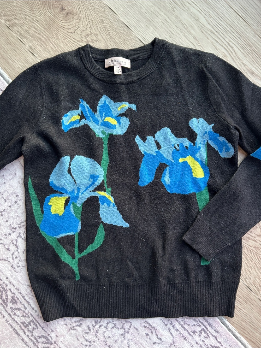 Philosophy Black Floral Crewneck Sweater with Blue Iris Motif